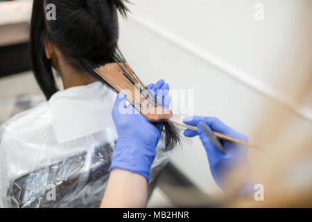 Indietro ritratto di donna con capelli tinti dal parrucchiere Foto Stock