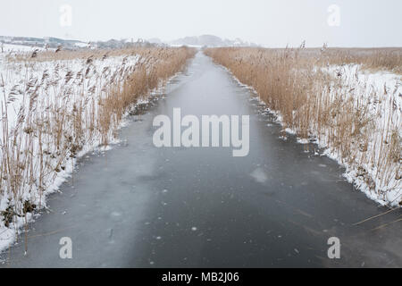Coperte di ghiaccio dyke su Cley NWT riserva coperta di neve, Cley North Norfolk Febbraio Foto Stock