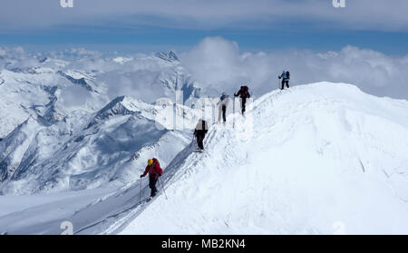 Gruppo di sciatori backcountry su uno sci alpinismo tour nelle Alpi austriache voce al vertice del Grossvenediger Foto Stock