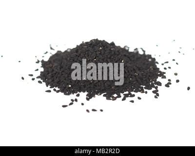 Nigella Sativa (aka Cumino Nero) semi spice su sfondo bianco Foto Stock