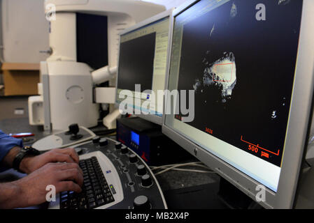 Robert bollette, combustibili aerospaziale Laboratorio chimico, esamina un'immagine raccolta da un microscopio elettronico a scansione in analisi investigative Lab di Wright-Patterson Air Force Base in Ohio, Feb 13, 2018. L'immagine aiuta a mettere insieme i pezzi di identità di sconosciuti materiali solidi per la sicurezza schede di indagine per dedurre le ragioni di un incidente aereo. Foto Stock