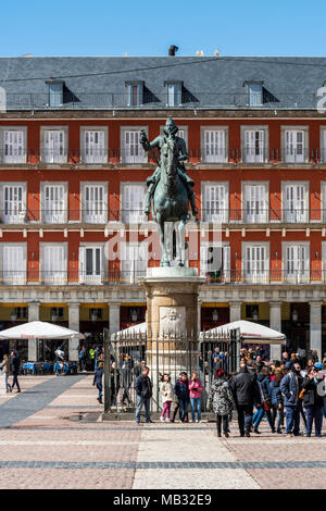 Felipe III statua equestre, Plaza Mayor, Madrid, la Comunità di Madrid, Spagna Foto Stock