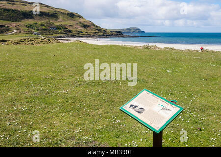 Informazioni ambientali di bordo su fragili Machair rari pascoli dietro le dune di sabbia. Calgary Bay Isle of Mull Ebridi Interne Western Isles della Scozia UK Foto Stock