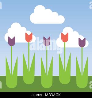 Letto di fiori con tulipani e erba sotto il cielo blu con nuvole - vettore design piatto Illustrazione Vettoriale