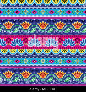 Carrello pakistano vettore d'arte seamless pattern, Indian carrello design floreale con fiore di loto, foglie e forme astratte Illustrazione Vettoriale