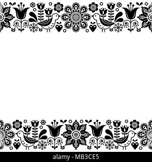 Folk scandinava arte vettore retrò greeting card design, ornamento floreale in bianco e nero Illustrazione Vettoriale