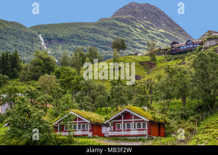 Erba case dal tetto a Geiranger Fjord Norway Foto Stock