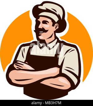 Chef cuoco o baker logo. Cafe, il ristorante, il concetto di menu. Fumetto illustrazione vettoriale Illustrazione Vettoriale