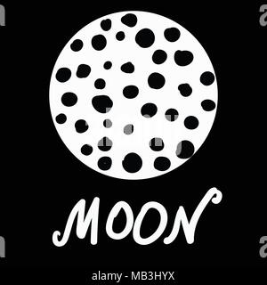 Luna stilizzata con crateri vettore e scritte su nero Illustrazione Vettoriale