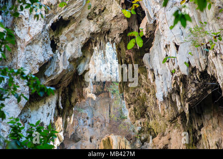 Formazioni carsiche tra cui stalattiti e vegetazione in Khao Sam Roi Yot National Park, Thailandia. Sul modo di Phraya Nakhon grotta Foto Stock