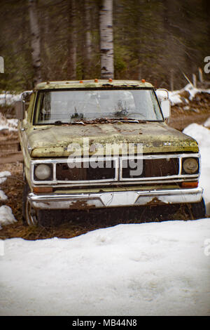 Un vecchio, verde lime 1972 Ford F-100 pickup truck, nella neve, in una zona boscosa di Noxon, Montana. Questa foto è stata scattata con un antico Petzval una lente Foto Stock