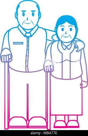 Linea degradata coppia di anziani insieme con il bastone da passeggio Illustrazione Vettoriale