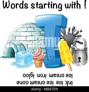 Foglio di lavoro per la lingua inglese le parole che iniziano con i illustrazione Illustrazione Vettoriale