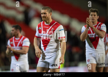 Merseyside, Inghilterra. Il 6 aprile 2018. Sant Helens è Kyle Amor 6 aprile 2018 , totalmente Wicked Stadium , Merseyside, Inghilterra; Betfred Super League Rugby, Round 10, St Helens v della carena FC Credito: News Immagini/Alamy Live News Foto Stock