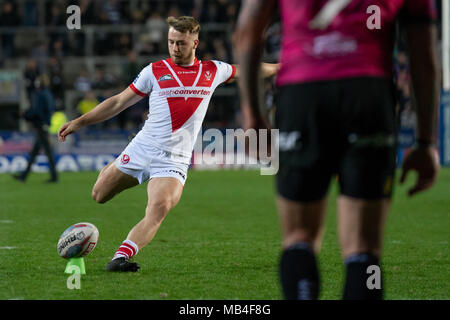 Merseyside, Inghilterra. Il 6 aprile 2018. Sant Helens's Danny Richardson converte il 6 aprile 2018 , totalmente Wicked Stadium , Merseyside, Inghilterra; Betfred Super League Rugby, Round 10, St Helens v della carena FC Credito: News Immagini/Alamy Live News Foto Stock