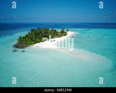 I turisti su disabitata palm island, spiaggia sabbiosa tutto intorno, offshore Coral reef, Ari Atoll, Oceano Indiano, Maldive Foto Stock