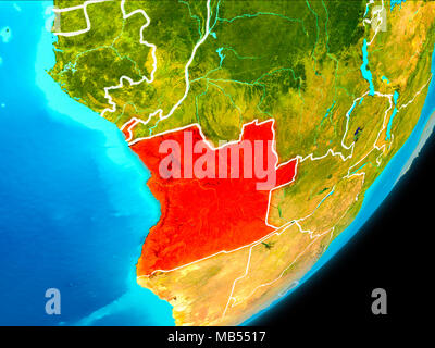 Mappa di Angola in rosso come visto dallo spazio sul pianeta Terra con linee di demarcazione bianco. 3D'illustrazione. Gli elementi di questa immagine fornita dalla NASA. Foto Stock