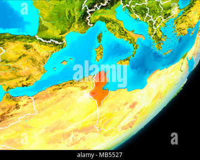 Mappa di Tunisia in rosso come visto dallo spazio sul pianeta Terra con linee di demarcazione bianco. 3D'illustrazione. Gli elementi di questa immagine fornita dalla NASA. Foto Stock