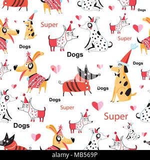 Seamless pattern divertenti di contentissimo divertente cani su sfondo bianco Illustrazione Vettoriale