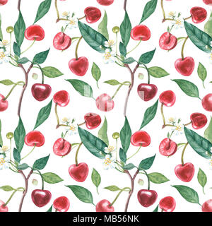 Disegnate a mano acquerello ghirlanda di fiori di ciliegio e foglie illustrazione. Acquerello illustrazione botanica seamless pattern. Foto Stock