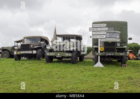 Colleville sur mer, Francia, 4 giu 2014: rievocazione di accampamento militare in occasione dell'anniversario dello sbarco in Normandia. Foto Stock