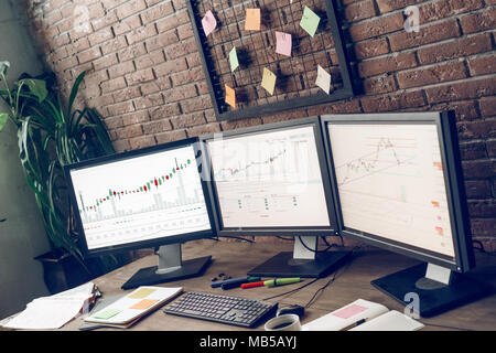Luogo di lavoro del commerciante in borsa. Tre monitor, diagrammi e grafici. Indoor, studio shot. La gente di affari concetto, lavoro in ufficio Foto Stock