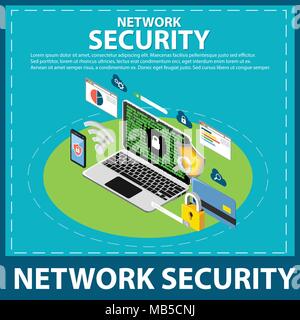 Internet e la sicurezza della rete isometrica Icone Illustrazione Vettoriale