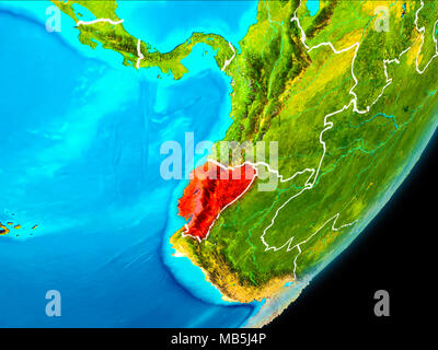 Mappa di Ecuador in rosso come visto dallo spazio sul pianeta Terra con linee di demarcazione bianco. 3D'illustrazione. Gli elementi di questa immagine fornita dalla NASA. Foto Stock