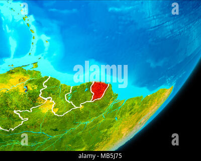 Mappa di Guiana Francese in rosso come visto dallo spazio sul pianeta Terra con linee di demarcazione bianco. 3D'illustrazione. Gli elementi di questa immagine fornita dalla NASA. Foto Stock