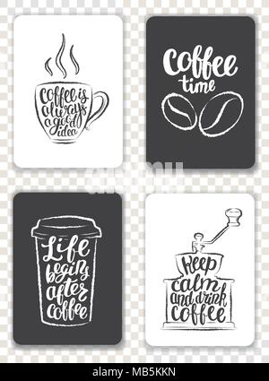 Set di schede moderno con elementi di caffè e scritte. Trendy hipster modelli per volantini, inviti menu design. In bianco e nero dei contorni grunge Illustrazione Vettoriale