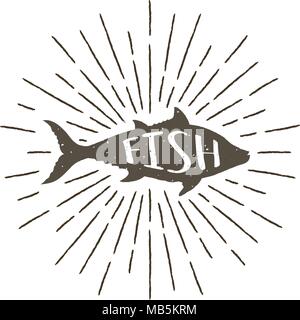 Monocromatico disegnati a mano etichetta vintage, badge retrò con silhouette testurizzata di pesce. Illustrazione Vettoriale
