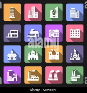 Vettore di edifici piatto set di icone Illustrazione Vettoriale