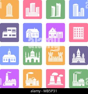 Vari edifici design piatto set di icone Illustrazione Vettoriale