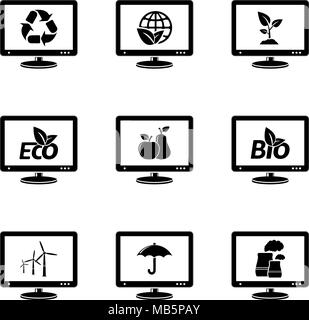 Icone del monitor con segni di ecologia Illustrazione Vettoriale