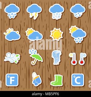 Meteo adesivi su sfondo di legno Illustrazione Vettoriale