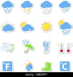Icone meteo impostato come etichette Illustrazione Vettoriale