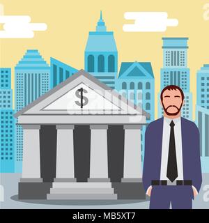 Imprenditore in piedi presso l'edificio della banca istituzione finanziaria con lo sfondo della città Illustrazione Vettoriale