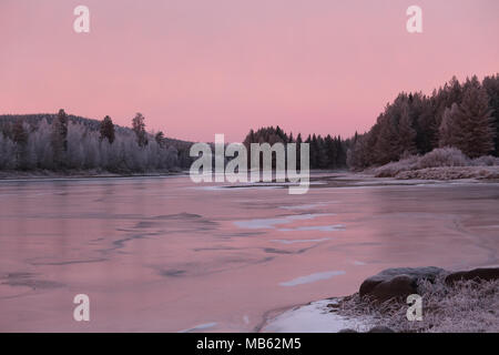Un paesaggio di un fiume congelato bagnata in una rosa sunrise Foto Stock