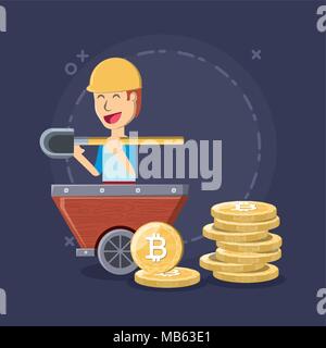 Mining cryptocoins design con cartoon uomo e monete bitcoin su sfondo blu, design colorato. illustrazione vettoriale Illustrazione Vettoriale