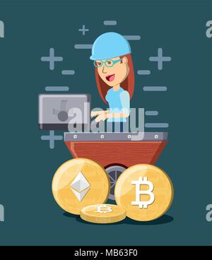 Mining cryptocoins design con cartoon Donna con computer portatile su sfondo blu, design colorato. illustrazione vettoriale Illustrazione Vettoriale