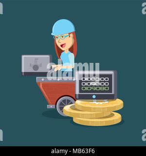 Mining cryptocoins design con carrello di data mining con il cartoon uomo e monete su sfondo blu, design colorato. illustrazione vettoriale Illustrazione Vettoriale