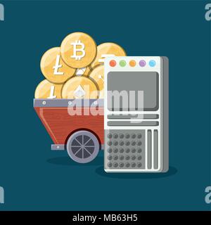 Mining cryptocurrency design con carrello di data mining con cryptocoins su sfondo blu, design colorato. illustrazione vettoriale Illustrazione Vettoriale