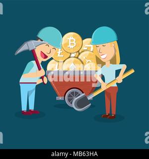 Mining cryptocurrency design con il cartoon di persone e di data mining con carrello cryptocoins su sfondo blu, design colorato. illustrazione vettoriale Illustrazione Vettoriale