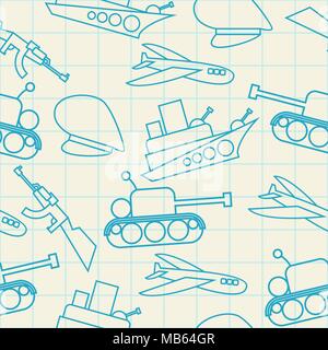 Militari disegno a mano in carta appunti seamless pattern. Sfondo dell'esercito Illustrazione Vettoriale