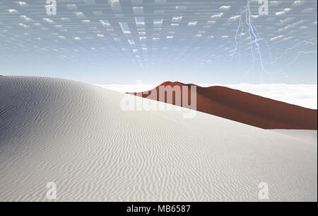 Il surrealismo. Labirinto del cielo sopra il deserto surreale. Lampi all'orizzonte. Foto Stock