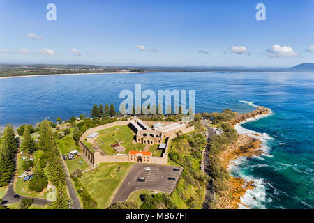 Vista aerea del Trial Bay Gaol - Sito Storico e patrimonio della Australian NSW storia della colonia su una soleggiata giornata estiva. Foto Stock