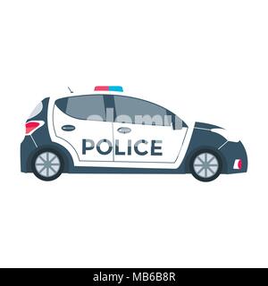Vector auto della polizia vista laterale isolato su bianco con luce lampeggiante, sirena. Appartamento illustrazione vettoriale del veicolo. Illustrazione Vettoriale