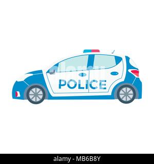 Vector auto della polizia vista laterale isolato su bianco con luce lampeggiante, sirena. Appartamento illustrazione vettoriale del veicolo. Illustrazione Vettoriale
