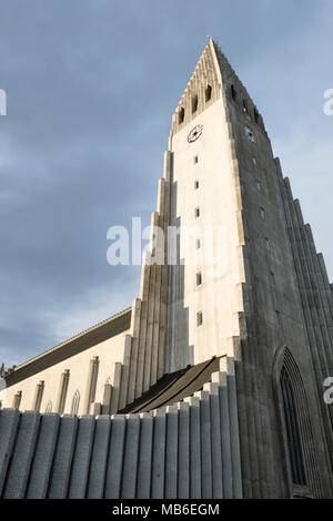 Reykjavik, Islanda. La 20c chiesa di Hallgrímskirkja con i suoi 74m torre di cemento è la città più familiarità landmark. Foto Stock