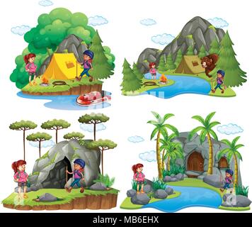 Quattro scene di persone campeggio a diversi luoghi illustrazione Illustrazione Vettoriale